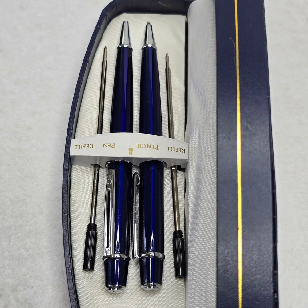 Bill Blass Blue Chrome Ballpoint Pen Mechanical Pencil Set Refills BB0091RF - Picture 4 of 13